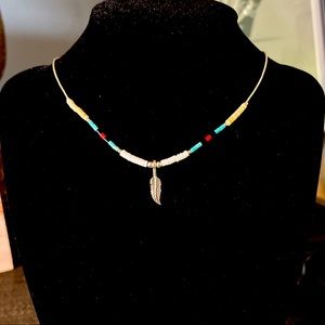 Native American Hand-beaded  Necklace 925 Liquid Silver Feather Pendant 17”